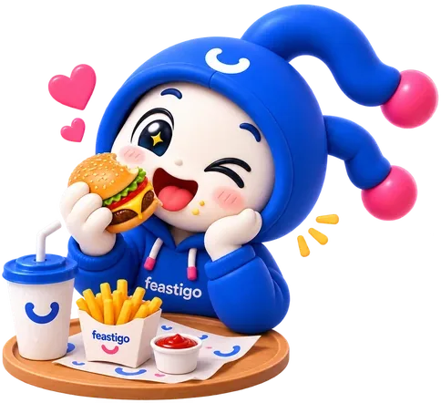 Feastigo mascot enjoying a burger